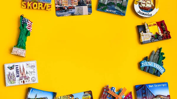 Magnets Different Countries Yellow Background Travel Concept Planning Trip Copy — Stock Photo, Image
