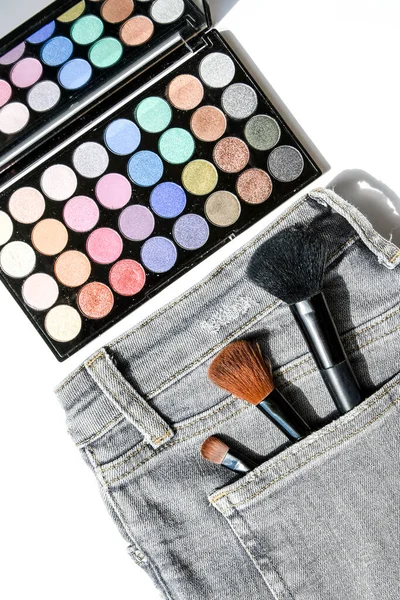 Set Woman Accessories Beauty Products Cosmetics Classic Gray Jeans Fashion — Stock Photo, Image