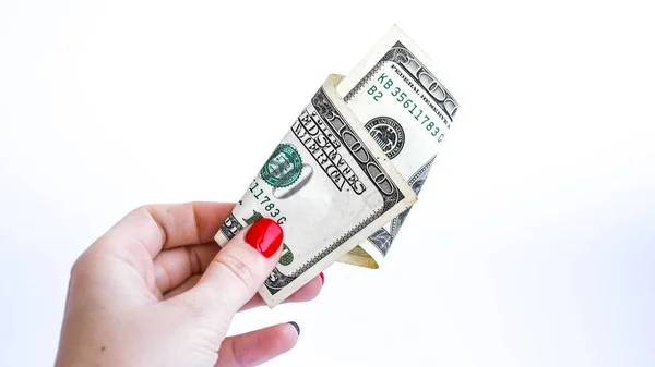 Empresário Mão Com Saco Cheio Notas Dólar Branco Espaço Cópia — Fotografia de Stock