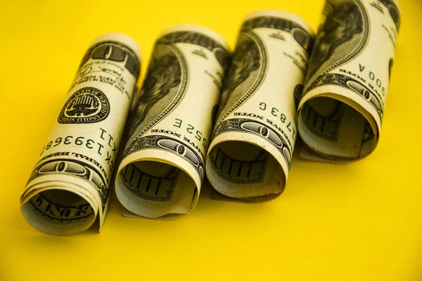American Dollars Rolls Saving Money Concept Yellow Background Copy Space — Stock Photo, Image