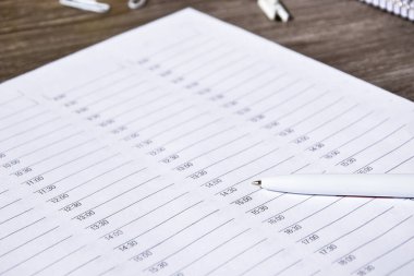 Bir kalemle açık zamanlı ajanda planlayıcısı. Yakın plan, metin için boşluk kopyala, seçici odak