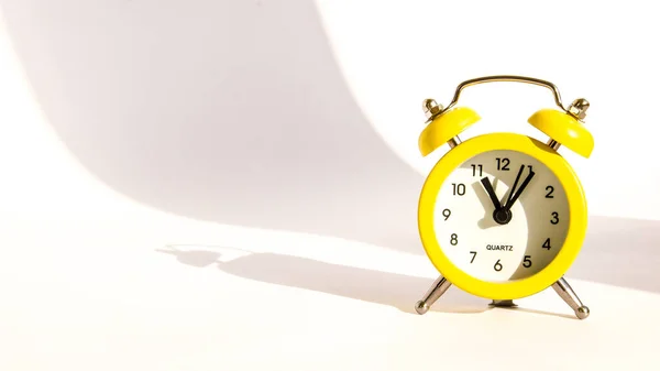 Yellow Alarm Clock White Background Copy Space Cute Yellow Metal — Stockfoto