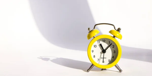 Yellow Alarm Clock White Background Copy Space Cute Yellow Metal — Stockfoto