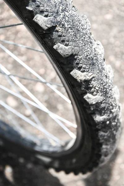 道路上のクローズアップ自転車ホイール 選択的フォーカス 未舗装道路の背景に自転車ホイールを閉じます 自転車部品 — ストック写真