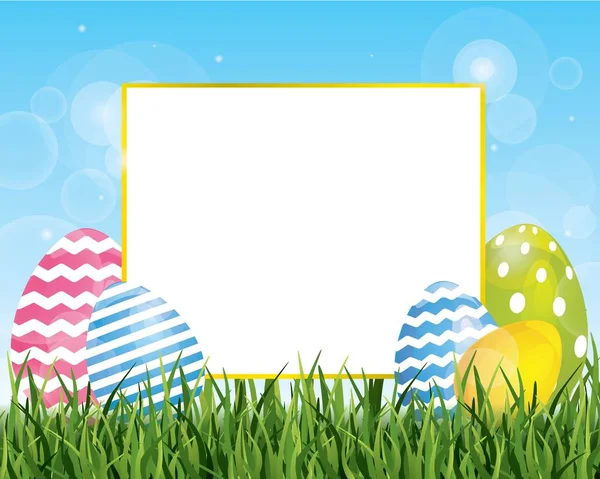 Easter Decor Eggs Grass Sky Decorated Flowers — Stock Vector