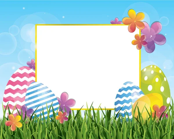 Easter Decor Eggs Grass Sky Decorated Flowers — Stock Vector