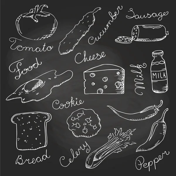 Set Pen Drawing Food Black — Stock Vector