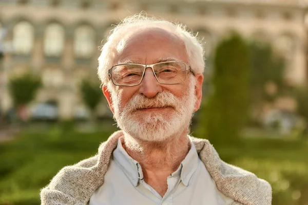 Positive attitude. Portrait of handsome bearded senior man in glasses looking at camera and smiling while spending time outdoors on a sunny day