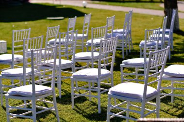 Yeşil çimlerin üzerinde düğün sandalyeleri