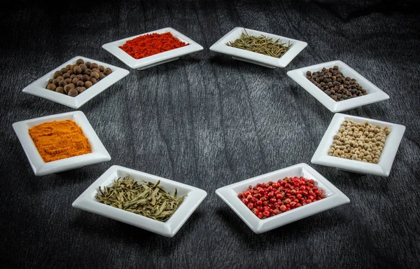 Colorful Spices Bowls Circle Wooden Background Spices Herbs Wooden Table — Stock Photo, Image