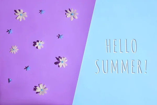 Summer flat lay. Hello summer text. White chamomile daisy flowers on purple background.
