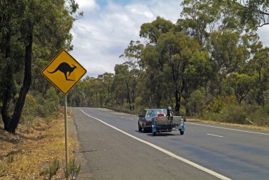 Avustralya, karavanı yolda ve kanguru uyarısı var.