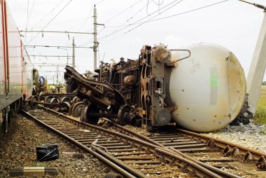 Gramatneusiedl, Austria - July 27, 2005: Train accident with wrecked wagons