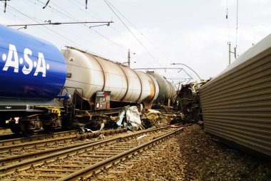 Gramatneusiedl, Austria - July 27, 2005: Train accident with wrecked wagons