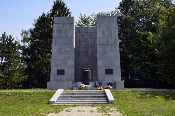 Mauthausen, Austria - July 18, 2018: Artwork for political patriots murdered in concentration camp Mauthausen, Holocaust memorial from WWII in Upper Austria