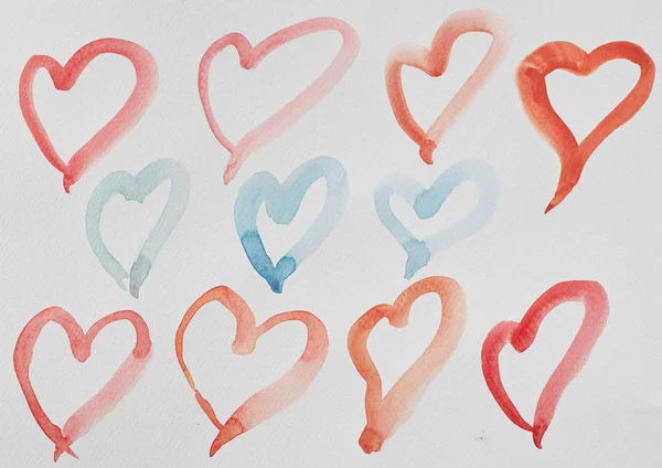 Set of watercolour hearts isolated on white watercolor paper. — Stock Photo, Image