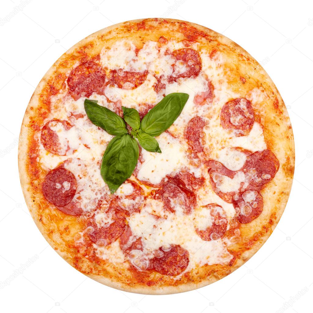Top view of thinly sliced pepperoni is a popular pizza topping in American-style pizzerias. Isolated on white background.