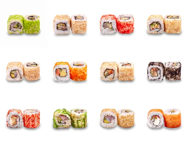 Entrega de restaurante de comida japonesa, sushi set vista frontal. Isolado no fundo branco com sombras . — Fotografia de Stock