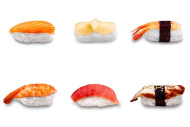 Nigiri Sushi seti beyaz arkaplanda izole edildi.