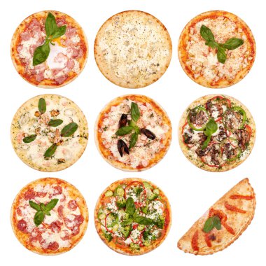 Beyaz arka planda izole edilmiş en iyi İtalyan pizzalarından oluşan büyük bir set. Pizza Al Salmon, Carbonara, Quadro Formaggi, Hawai, Pizza Mariner, Calzone, Pepperoni, Pizza Florence, Pizza Melanzana