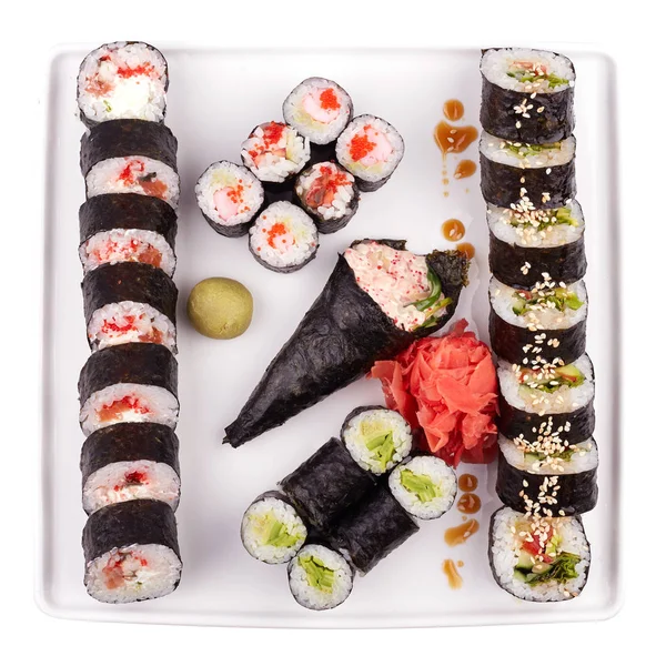 Set de sushi maki, aislado en blanco. Vista superior . — Foto de Stock