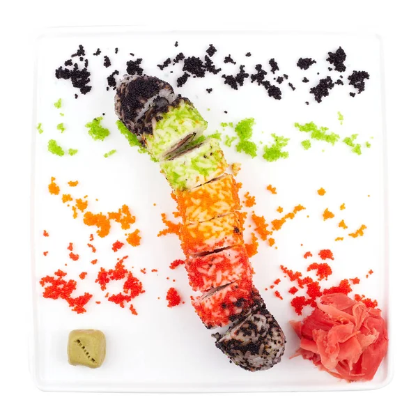 Placa de sushi com tigre Rolltempura, Filadélfia, Crocante, Dinamite, Rainbow Roll, Dragão, Califórnia Roll — Fotografia de Stock