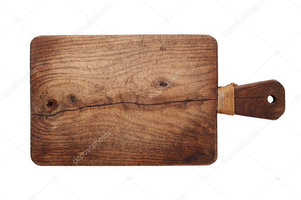 Cutting board. Old, vintage, wooden, chopping board isolated on white background.