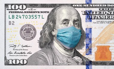 ABD 'de COVID-19 Coronavirus, yüz maskeli 100 dolarlık para. Kriz ve finans kavramı