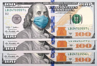 ABD 'de COVID-19 Coronavirus, yüz maskeli 100 dolarlık para. Kriz ve finans kavramı