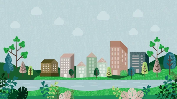 Vector Cartoon Illustration Einfachem Minimalistisch Flachem Stil Stadtlandschaft Mit Gebäuden lizenzfreie Stockillustrationen