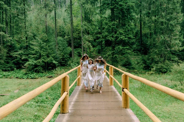 ママと 2 人の娘の野生の花の花輪と白いドレスの湖付近の散歩 — ストック写真