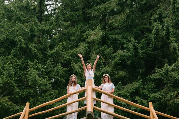 Anne ve iki kızı beyaz elbiseler kır çiçekleri çelenk ile göle yakın yürüyüş