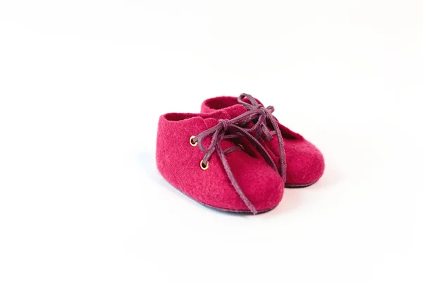 Chaussures Bordeaux Pour Enfants Laine Mérinos Sur Fond Blanc — Photo