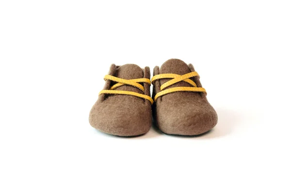 Children Handmade Shoes Made Merino Wool Brown White Background — Stock Photo, Image
