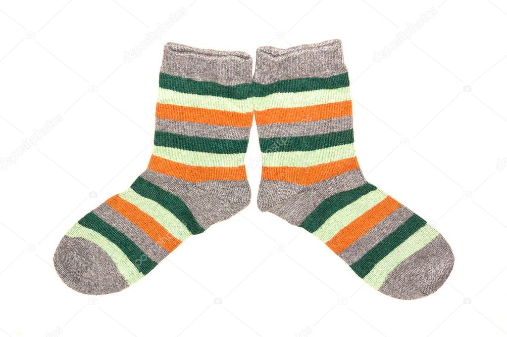 Pair of striped socks isolated on white 
