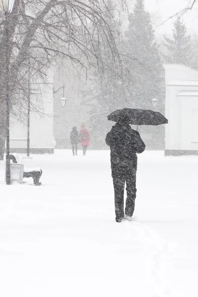 Masculino pedestre escondido da neve sob guarda-chuva, vertical — Fotografia de Stock