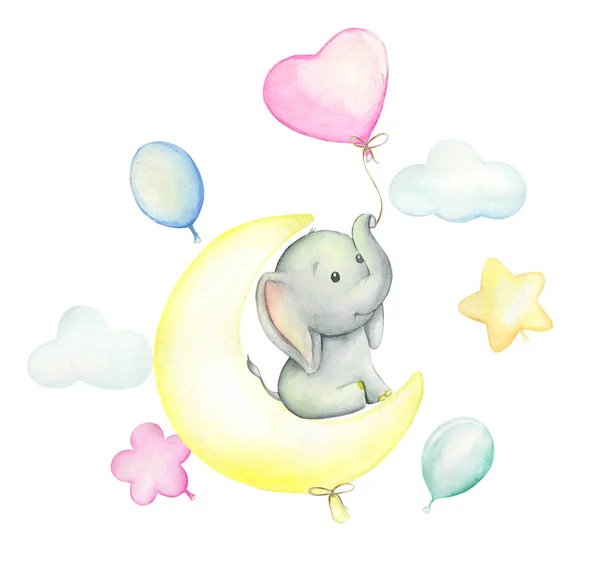 Elephant watercolor drawing. Cute elephant sitting on the moon, surrounded by balloons. Set on isolated background. For children's cards and invitations.