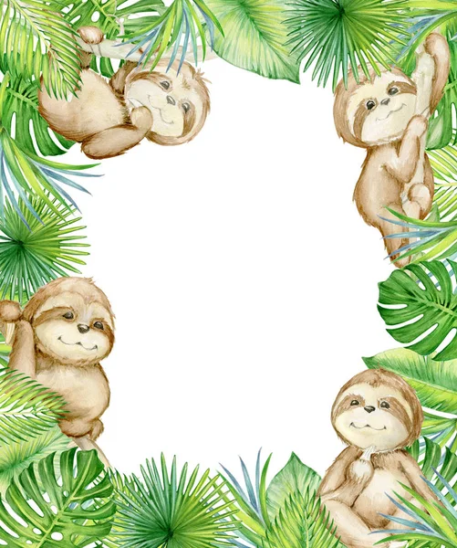 Cute sloths. Sloths hang, sit, lie. Sloths surrounded by tropical leaves. Watercolor, tropical frame, on a white background. for invitation and greeting cards.
