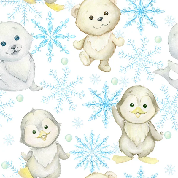 Penguins, white bear, seal, snowflakes, watercolor seamless pattern. Cute polar animals, on white background. For holiday fabric and digital paper.
