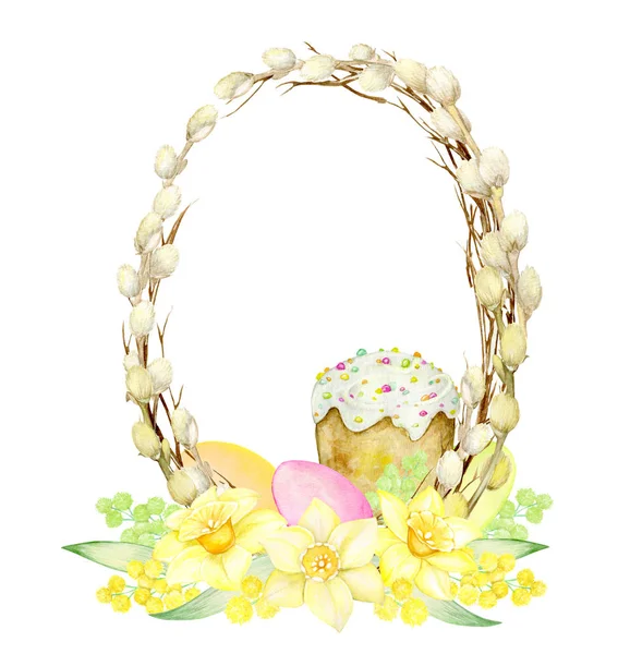 Frame, made of willow, daffodil, cake, eggs and mallow. Watercolor concept, on an isolated background, on the theme of the Easter holiday.
