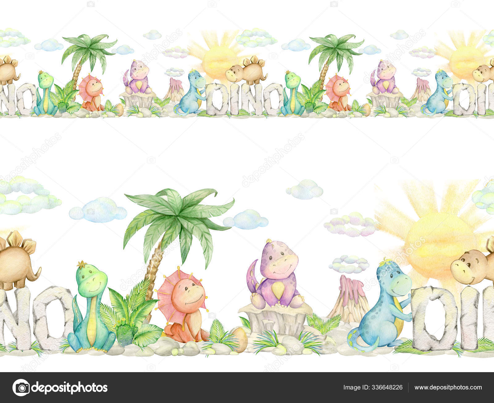 Download Cute Dinosaurs Palm Tree Volcano Plants Watercolor Seamless Pattern Isolated Stock Photo Image By C Lia Lait 336648226