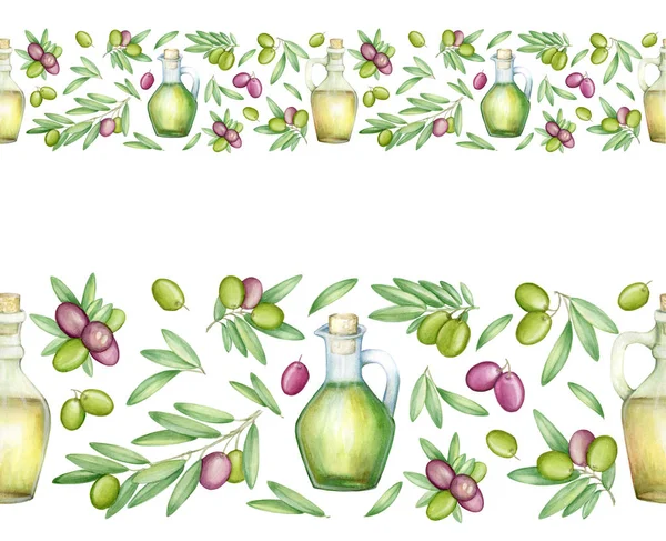 Olive branches, olives, oil vessel. Watercolor olive, seamless pattern, on an isolated background, for printing on fabric, and digital paper.