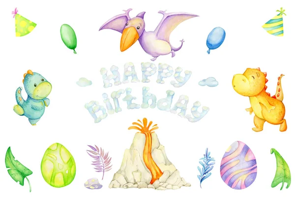 Dinosaurs, volcano, eggs, plants, rocks, text, happy birthday, balloons, clouds. Watercolor set, on an isolated background, for children\'s holidays, and birthday