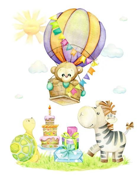 Monkey, Zebra, turtle, balloon, gifts, cake, sun, clouds. Watercolor greeting poster, on an isolated background, for a children\'s holiday and birthday.