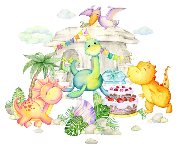 Dinosaurs, stone house, cake, gifts, tropical plants. Watercolor greeting concept, prehistoric, cartoon, world, on an isolated background.