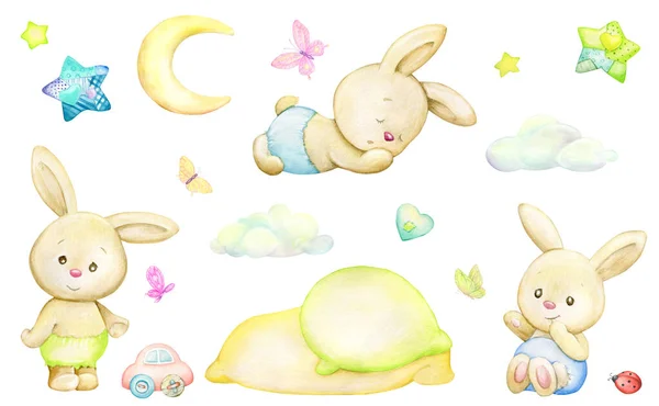 Cute rabbits, clouds, stars, butterflies, moon. Watercolor set, in cartoon style, on an isolated background.