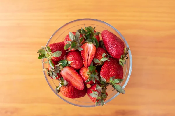 Fresh Ripe Delicious Strawberries Crystal Bowl Wooden Table Top View — Stock Photo, Image