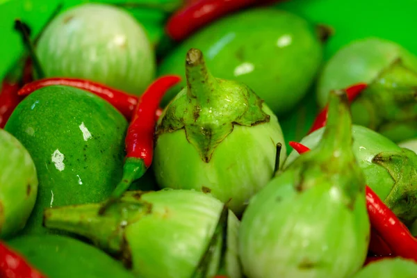 Mix Fresh Thai Aubergine Eggplant Spicy Red Chilli — Stock Photo, Image