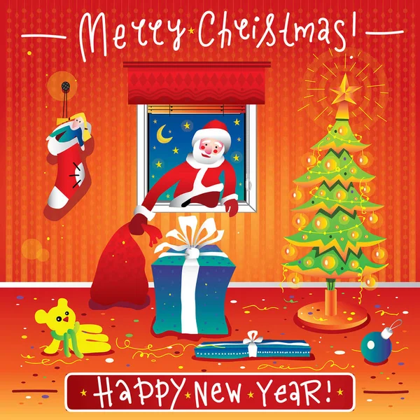 Santa Claus sube por la ventana a la habitación de Navidad con un árbol de Navidad y regalos . — Archivo Imágenes Vectoriales