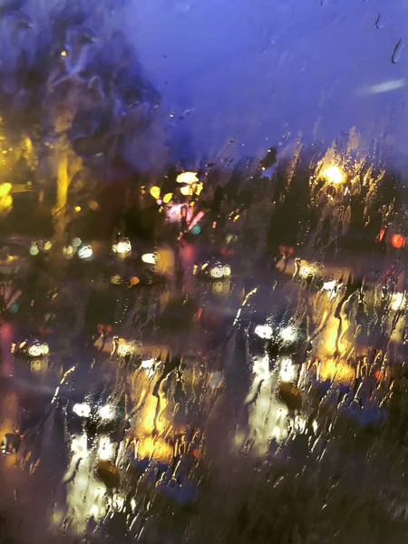 Lights Big City Night Rainy Glass Background Multicolor — Stock Photo, Image
